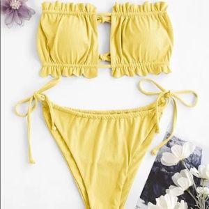 NWT Zaful Yellow Strapless Ribbed Tie Back Ruffle Bikini